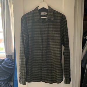 green striped button down long sleeve shirt